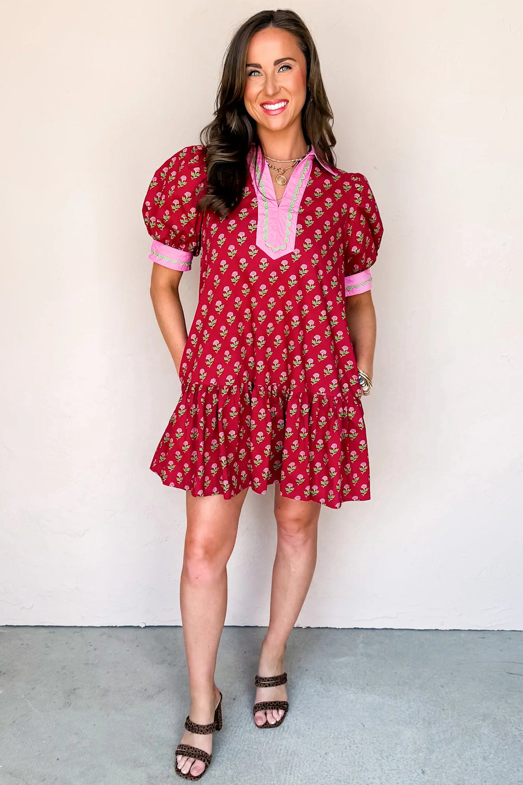 Red Floral Print Contrasted V Neck Short Bubble Sleeve Mini Dress