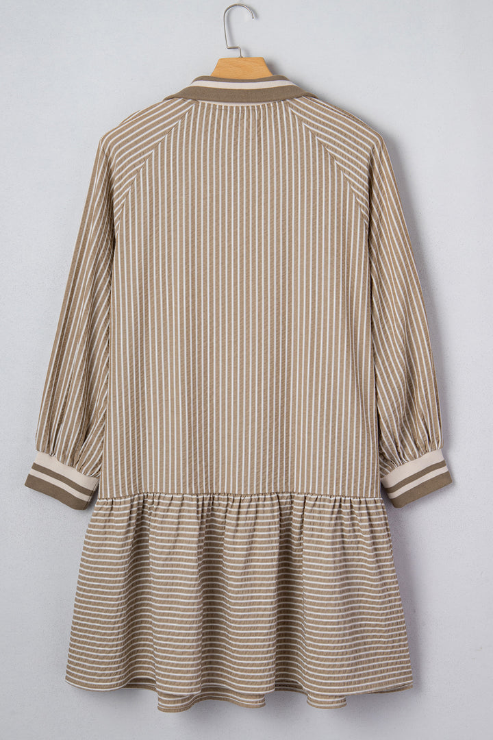 Khaki Stripe Zip up Collared Puff Sleeve Ruffled Plus Size Mini Dress