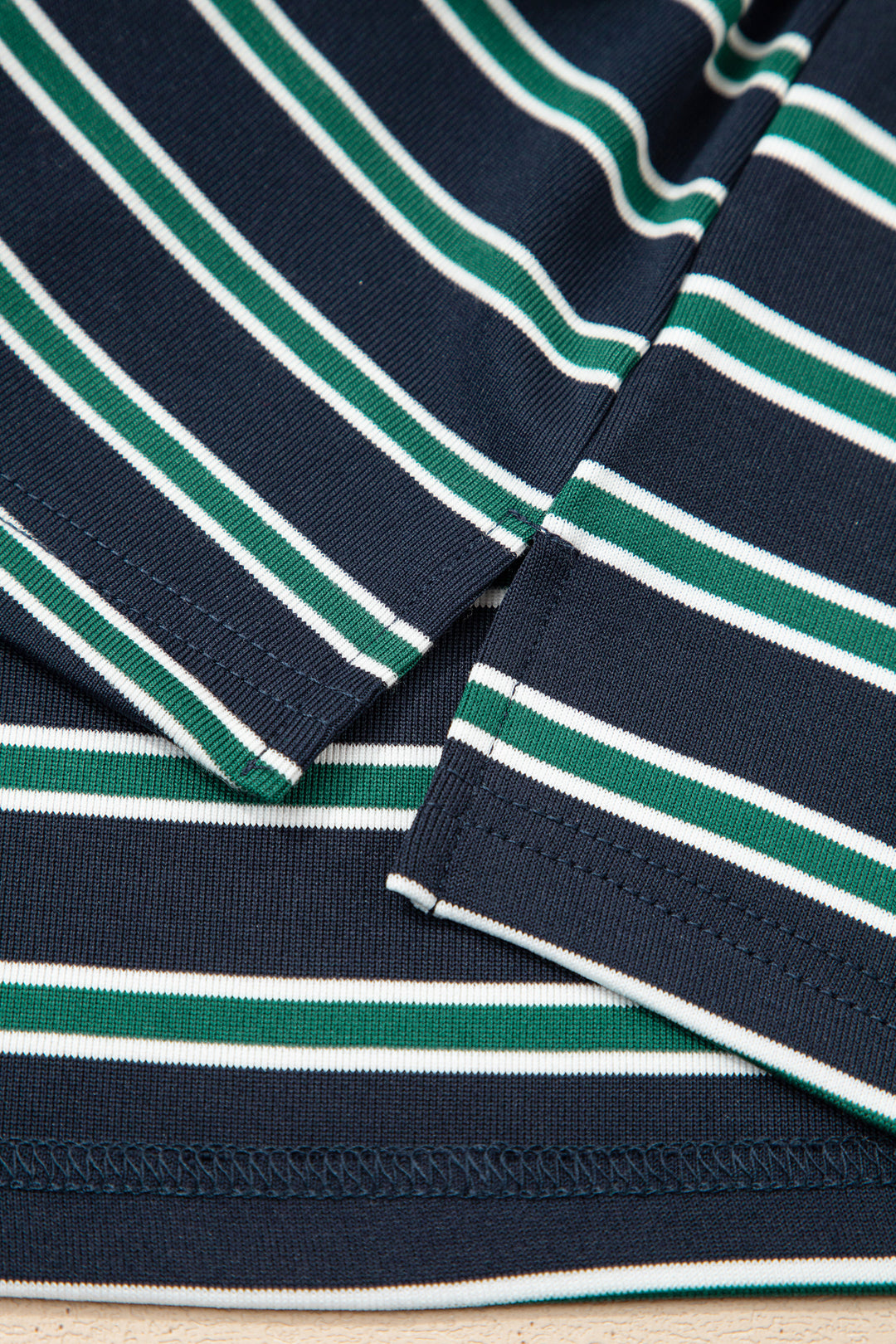 Green Stripe Ribbed Color Block Patchwork Crew Neck Patch Pocket Long Sleeve Top