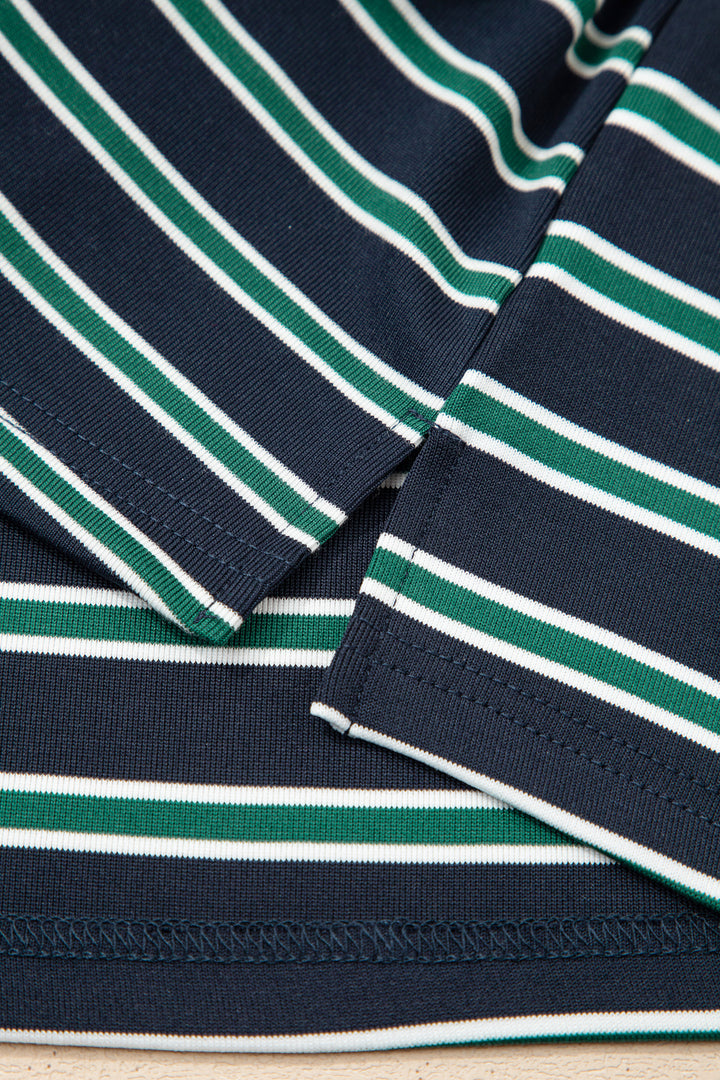 Green Stripe Ribbed Color Block Patchwork Crew Neck Patch Pocket Long Sleeve Top