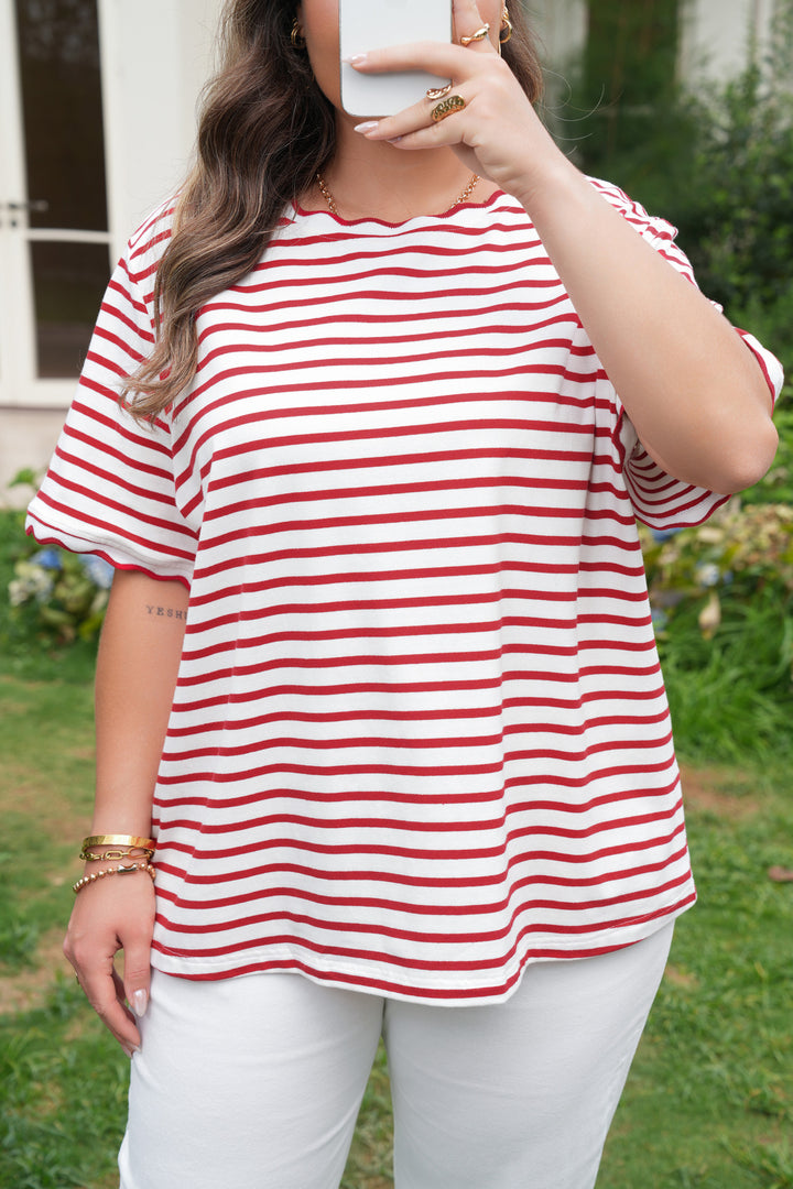 Red Stripe Plus Size Scalloped Trim Round Neck Short Sleeve Top