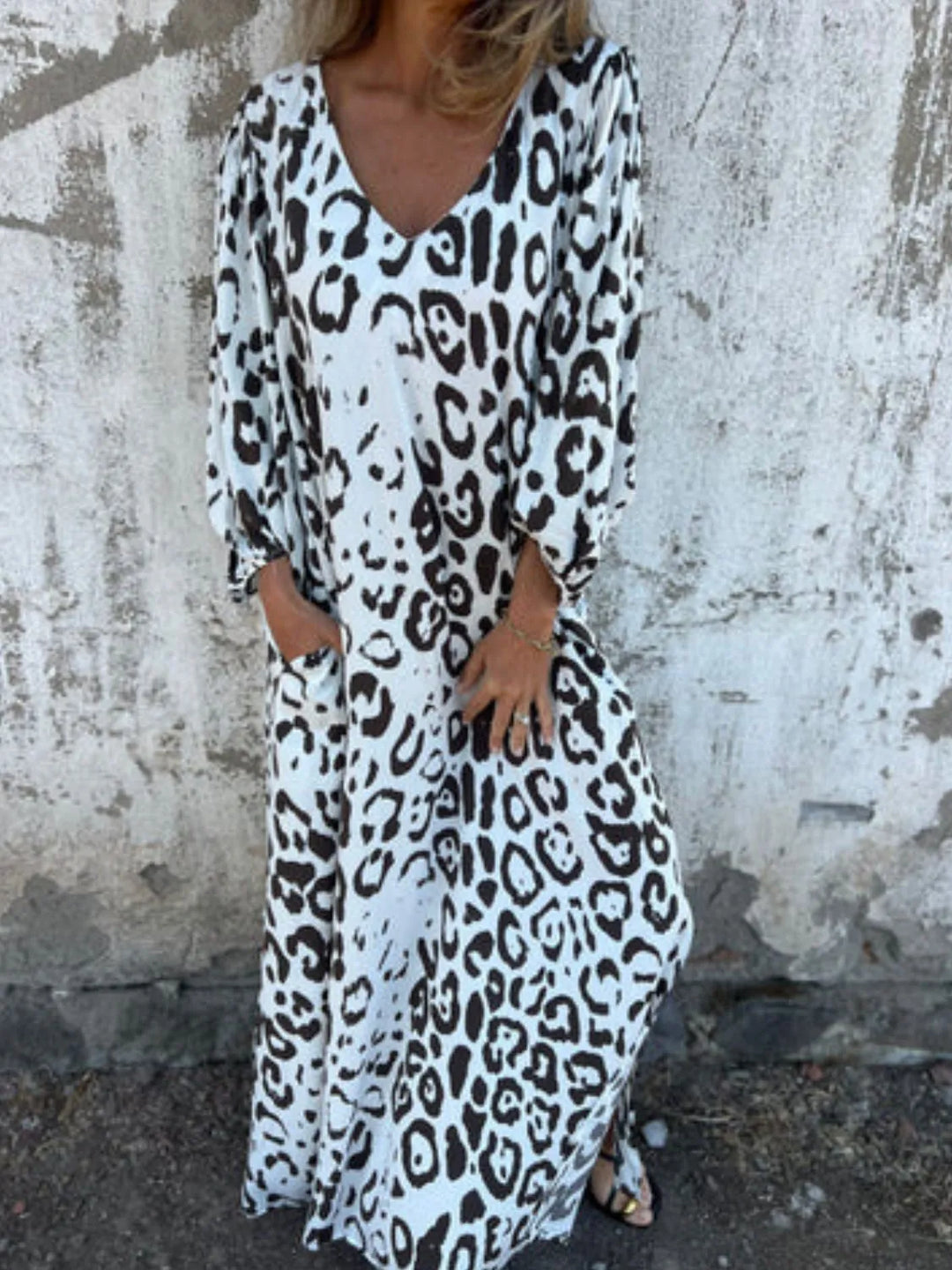 Full Size Printed V-Neck Dress with Pockets Plus Size