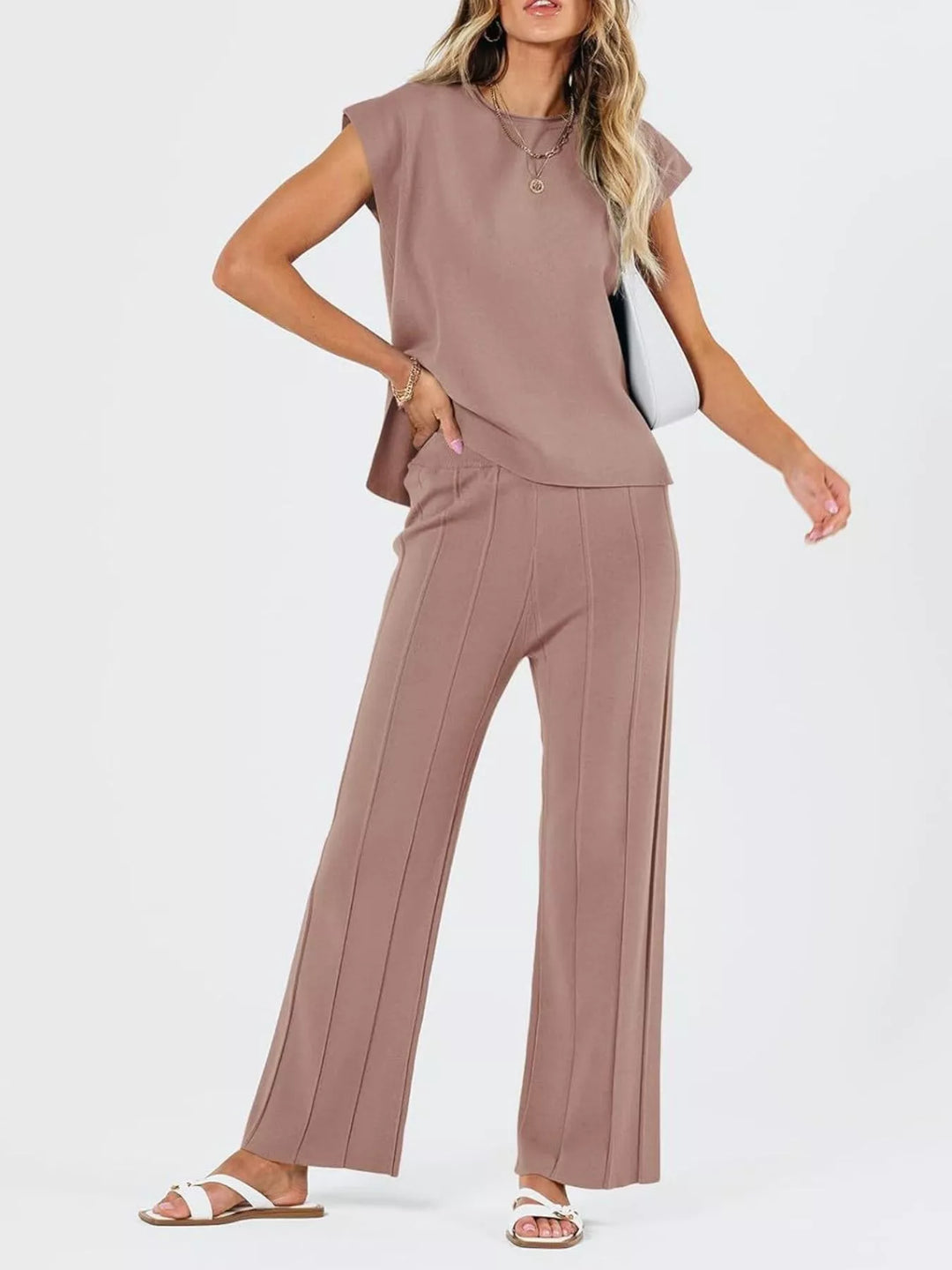 Casual Solid Color Cap Sleeve Top and Pants Knit Set