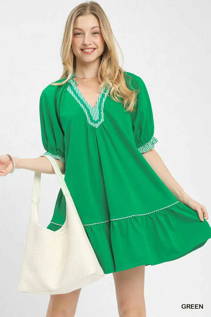 Umgee French Terry Mini Dress with Ruffled Striped Trim