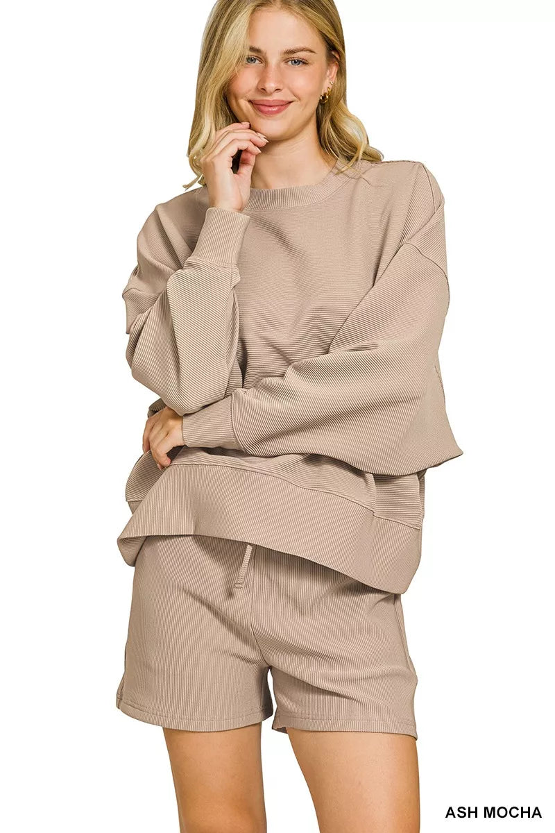 Zenana Ribbed Round Neck Pullover and Shorts Set
