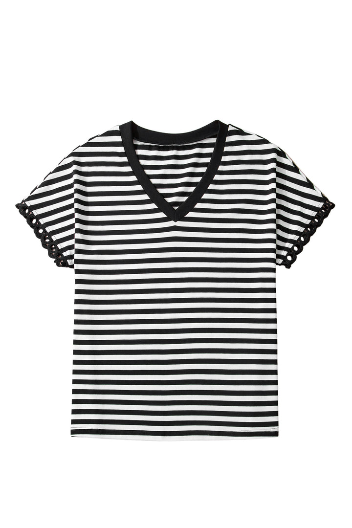 Black Striped Print V Neck Delicate Trim Casual Tee