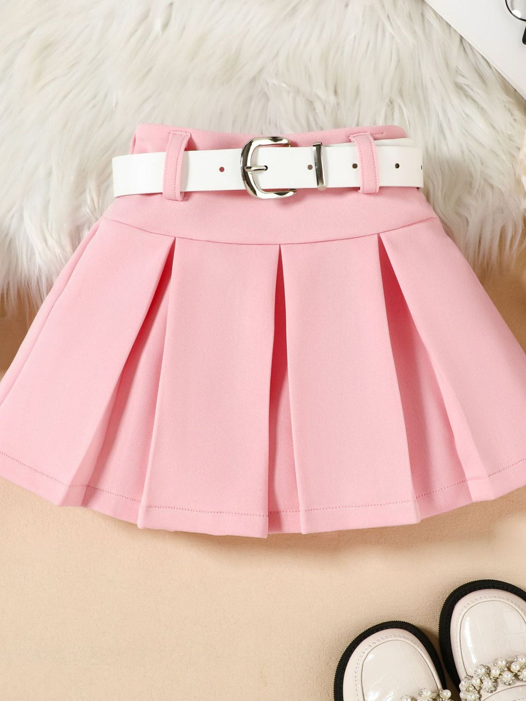 Children's Long Sleeve Shirt & Pleated Skirt Set with Belt