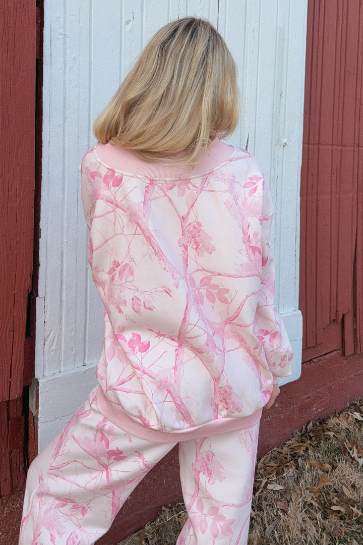 Pink Abstract Plant Print Long Sleeve V Neck Pant Set