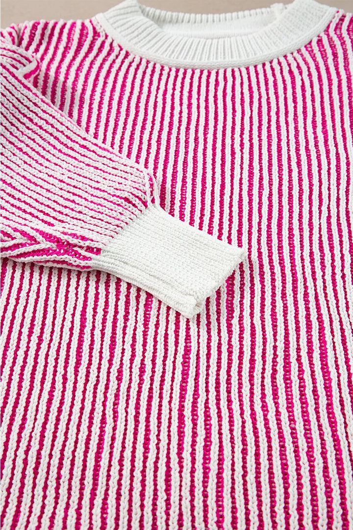 Striped Textured Knit Contrast Edge Loose Sweater