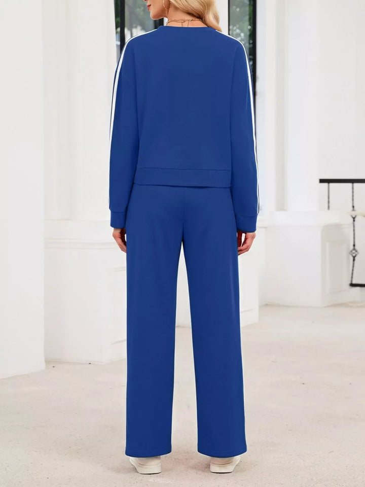 Striped Round Neck Sweatshirt and Pants Set