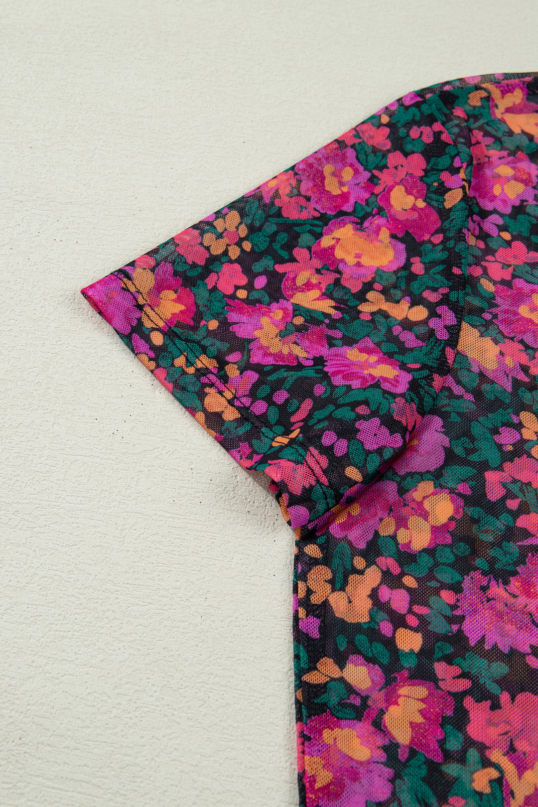 Rose Retro Floral Printed Mesh Short Sleeve Top