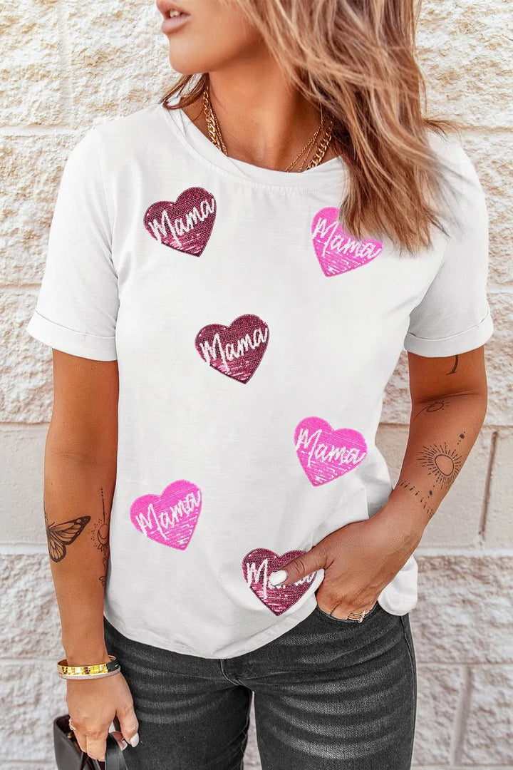 MAMA Heart Shape Sequin Patched Crew Neck T Shirt