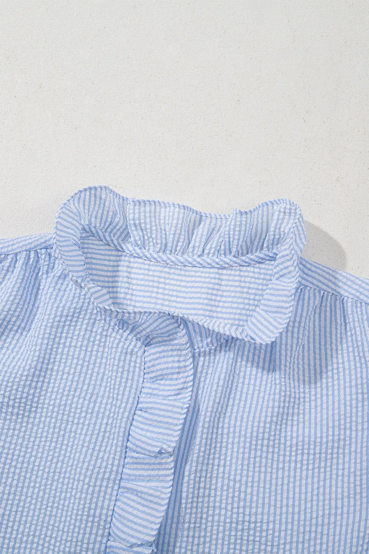 Striped Ruffle Short Bubble Sleeve Shirt