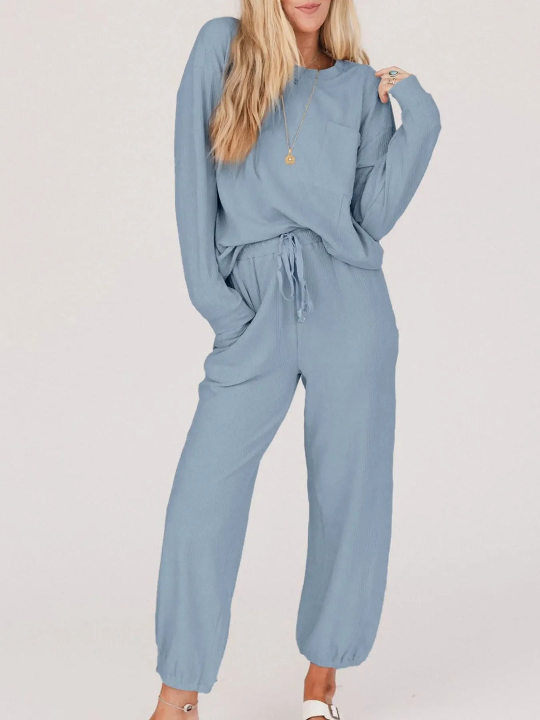 Ribbed Round Neck Sweatshirt and Drawstring Pants Set