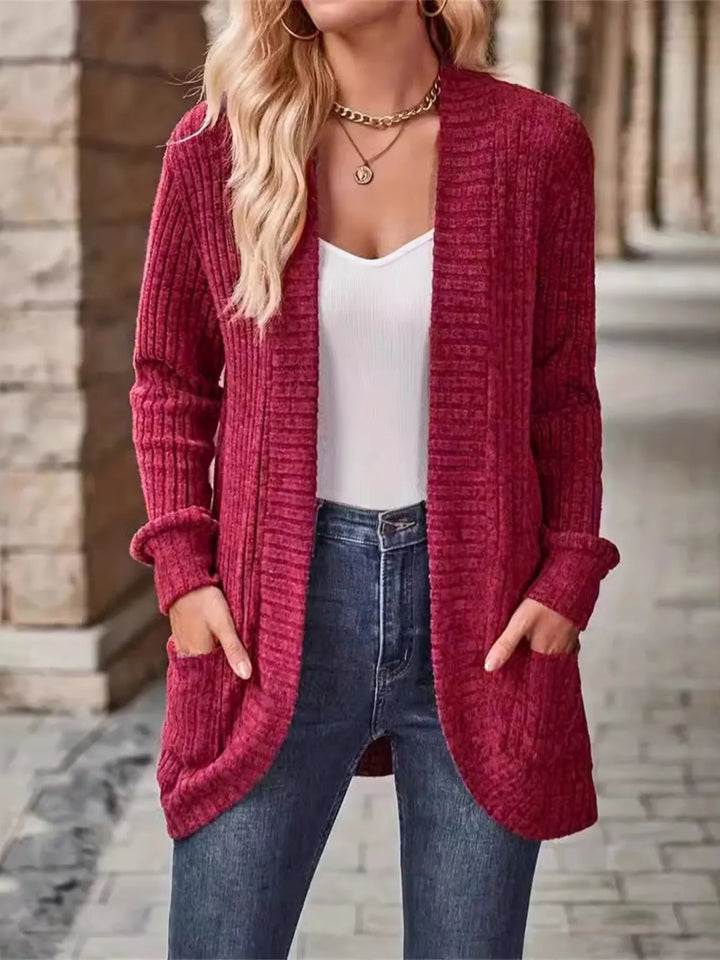 Ribbed Open Front Long Cardigan with Pockets