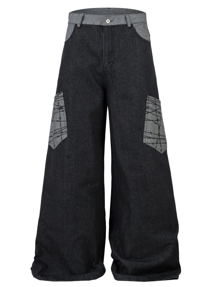 Men's Wide Leg Cargo Jeans with Contrast Panels