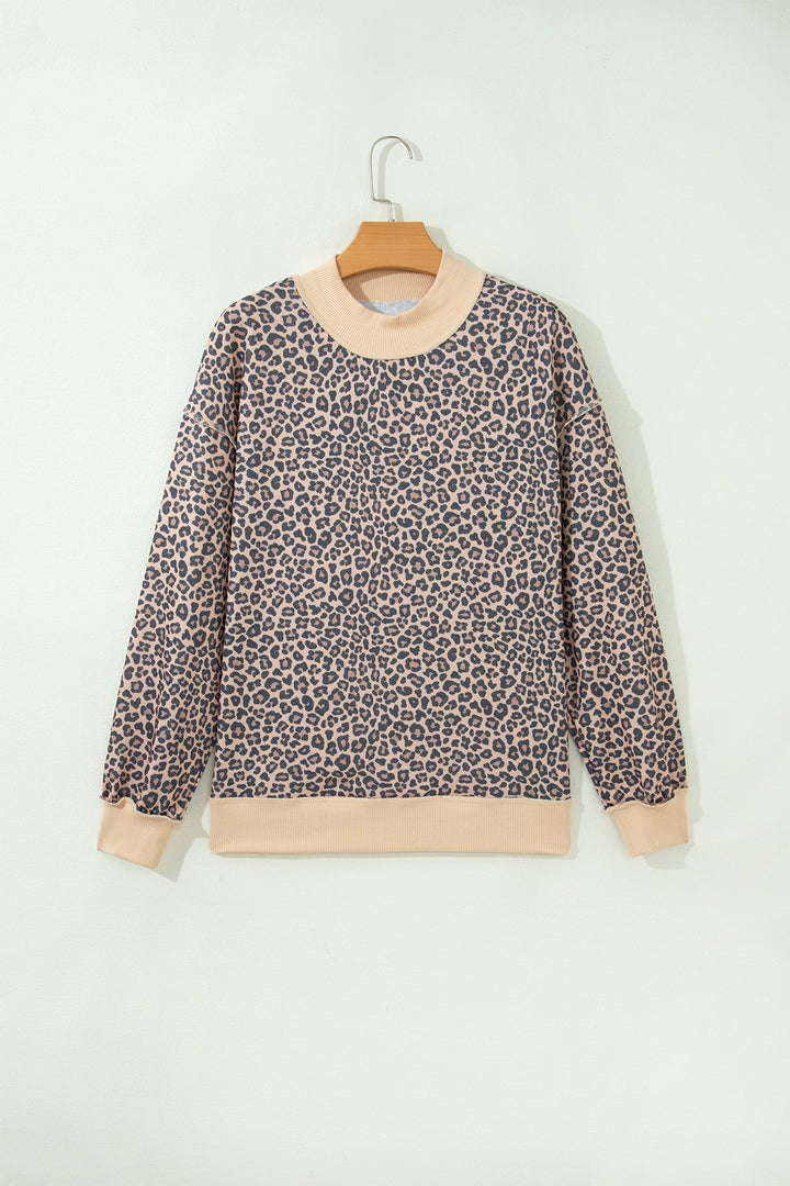 Multicolour Leopard Print High Neck Long Sleeve Ribbed Cuffs Hem Sweatshirt