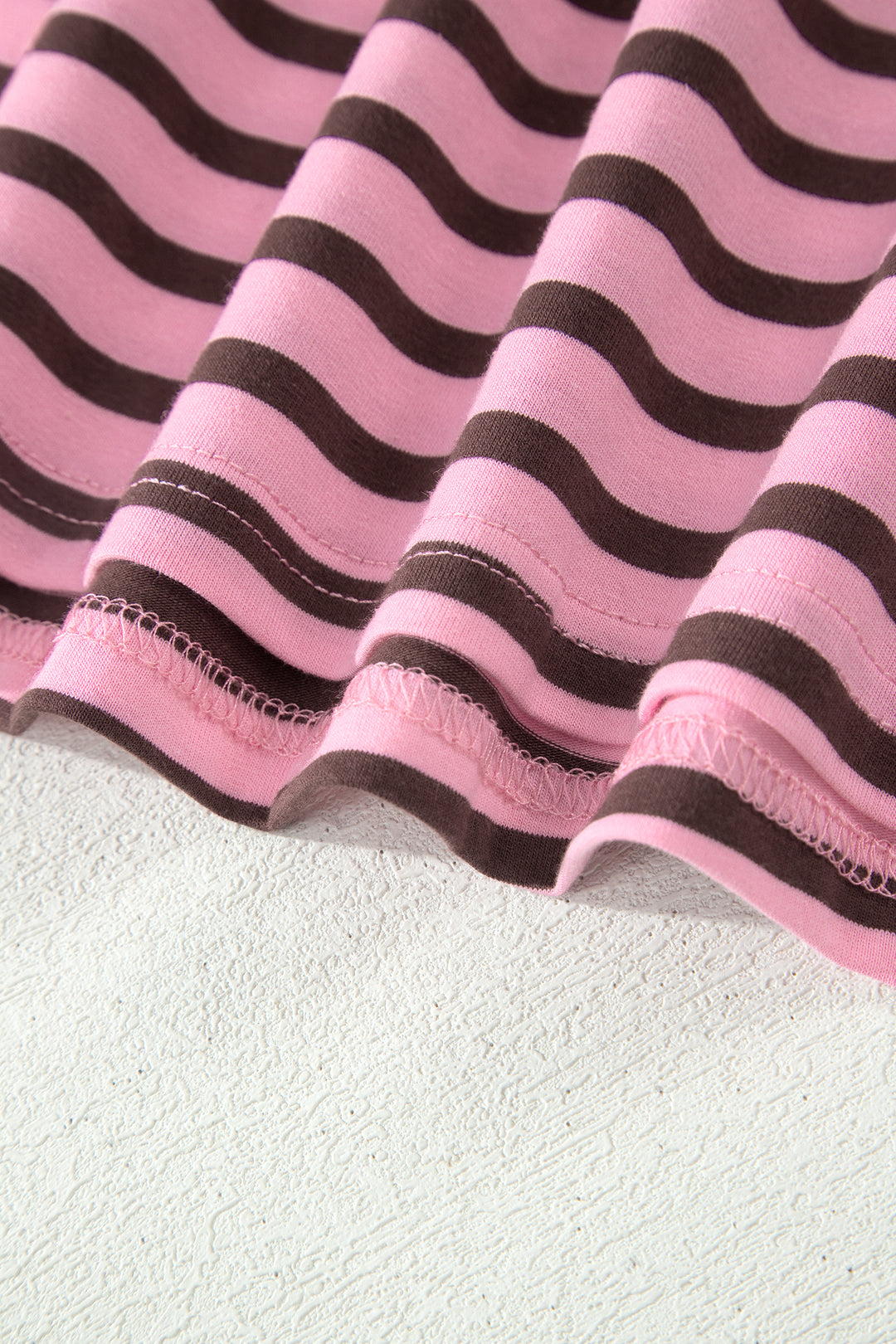 Rose Stripe Striped V-Neck Ribbed Collar Cuff Gathering Puff Sleeve Top