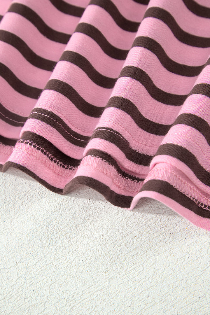 Rose Stripe Striped V-Neck Ribbed Collar Cuff Gathering Puff Sleeve Top