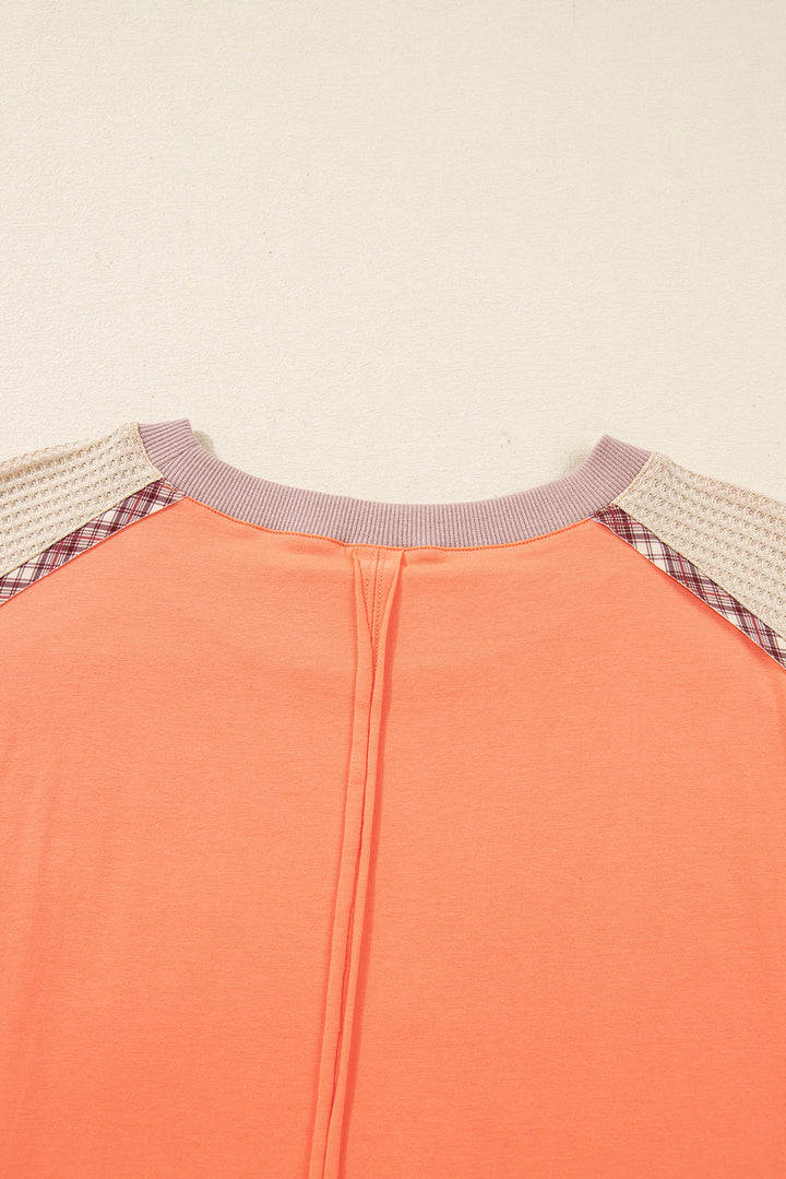 Grapefruit Orange Plaid Flower Waffle Patched Plus Size 3/4 Sleeve Top