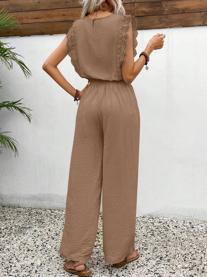Lace Trim Round Neck Top and Pants Set