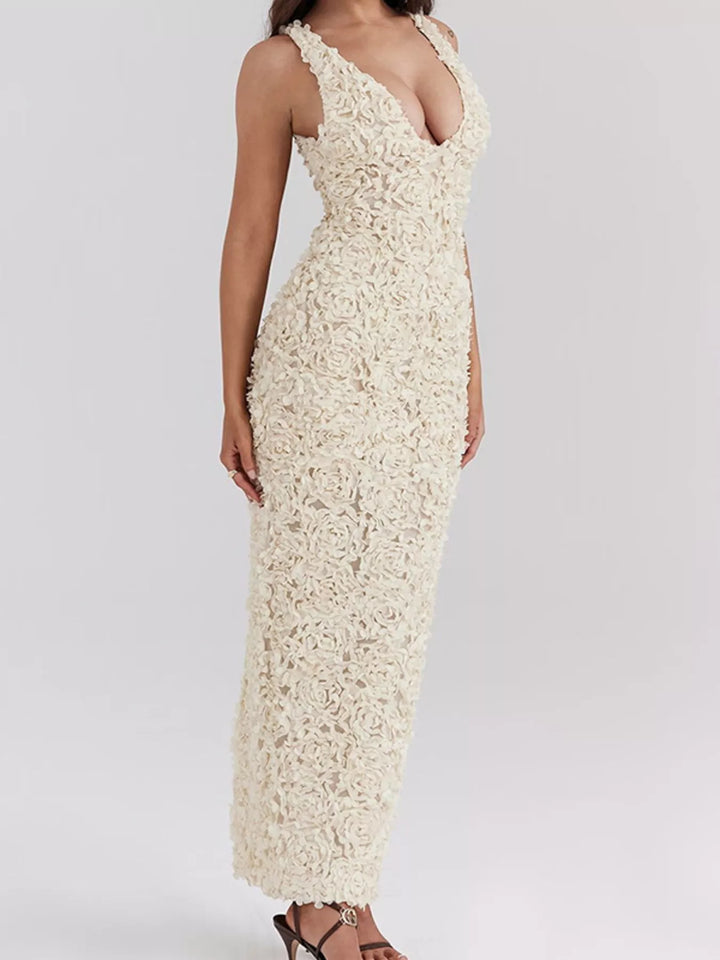 Floral Applique Deep V-Neck Maxi Dress