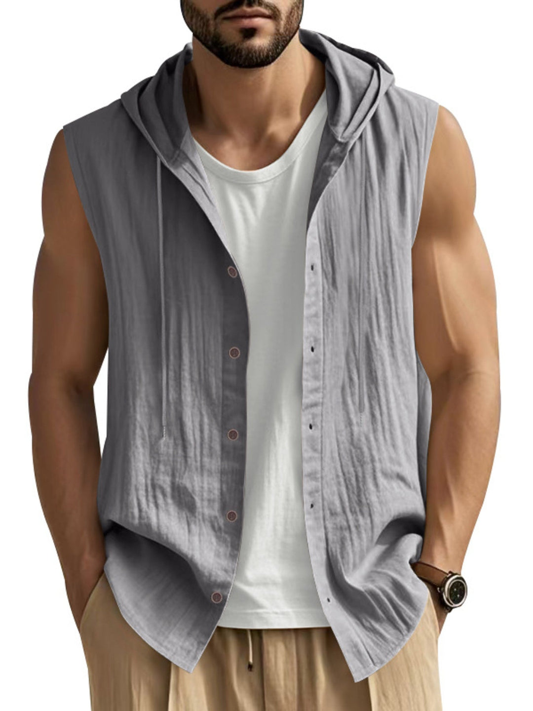 Men's Full Size Casual Sleeveless Hooded Button-Down Top Plus Size