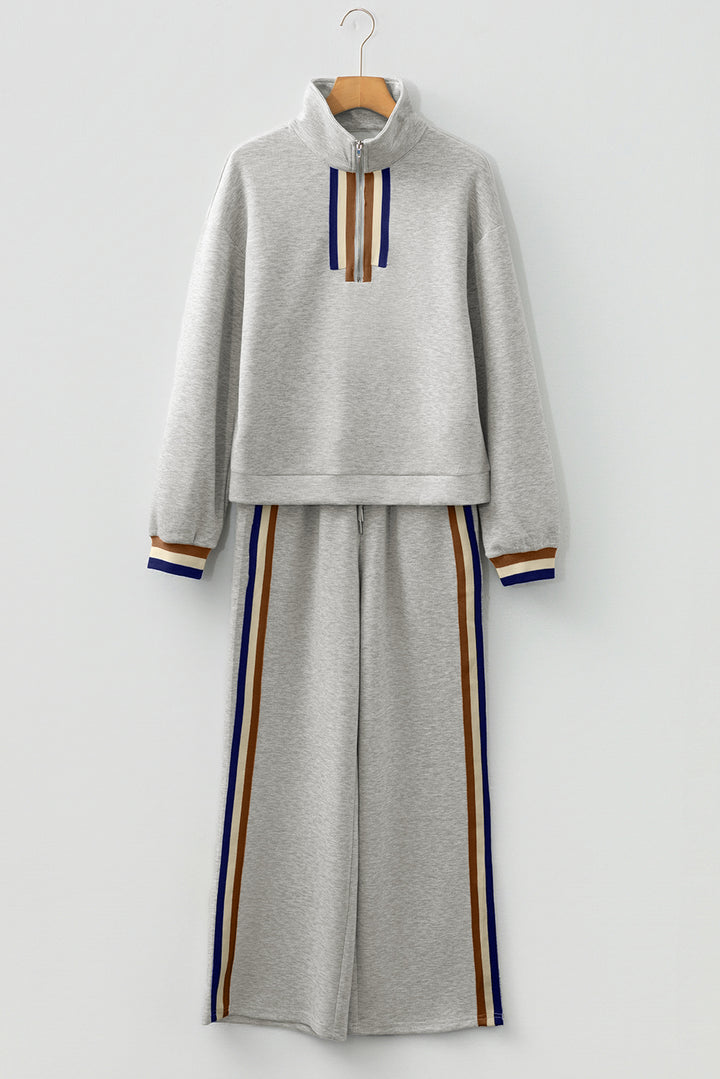 Gray Striped Patchwork Quarter Zip Pullover Loose Pant Set