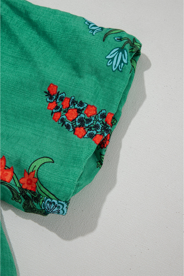 Chemisier à manches courtes et col en V boutonné à imprimé floral vert vif