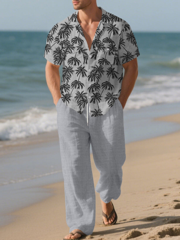 Men's Full Size Tropical Palm Print Button Up Shirt and Pants Set Plus Size