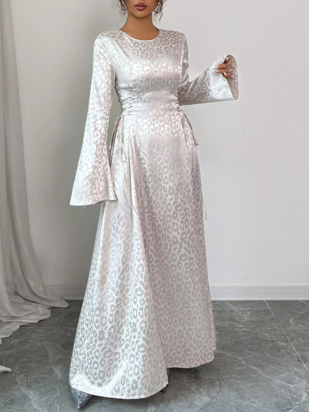 Leopard Lace Up Long Sleeve Maxi Dress