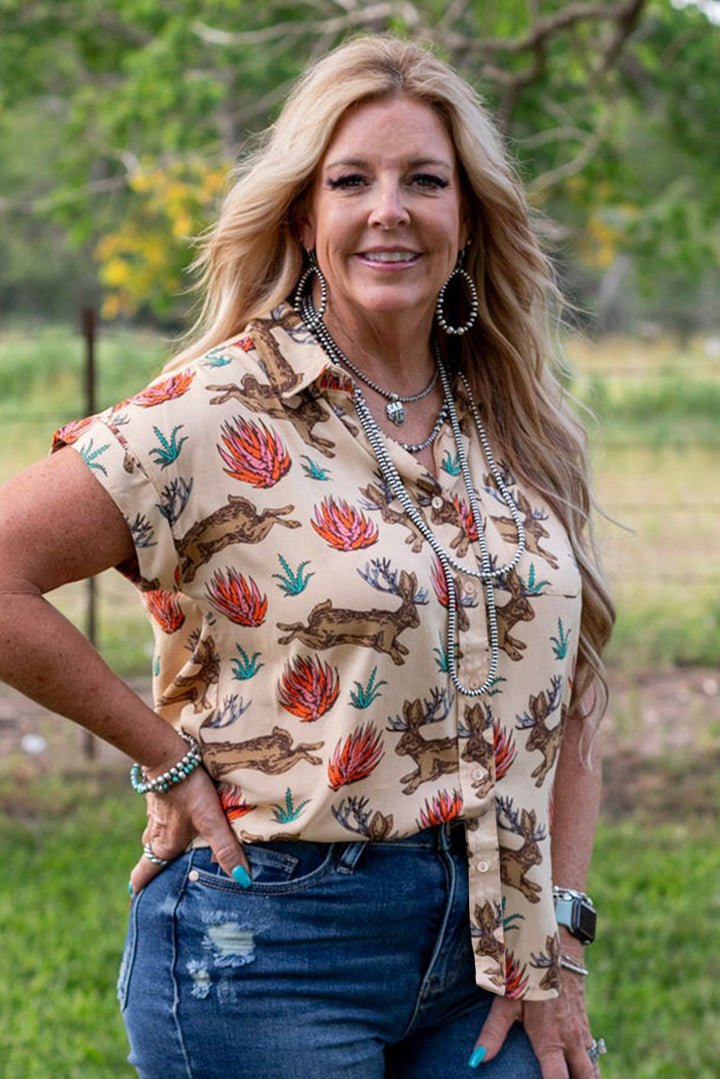 Chemise boutonnée à manches courtes et imprimé western kaki grande taille