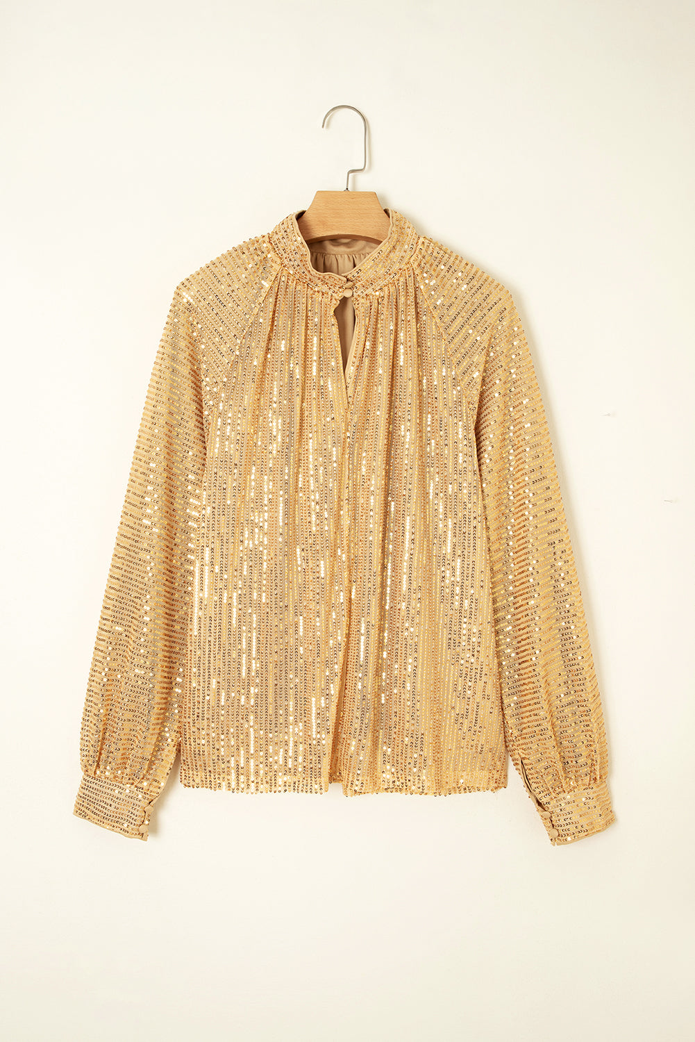 Gold Metallic Balloon Sleeve Buttoned High Neck Loose Blouse