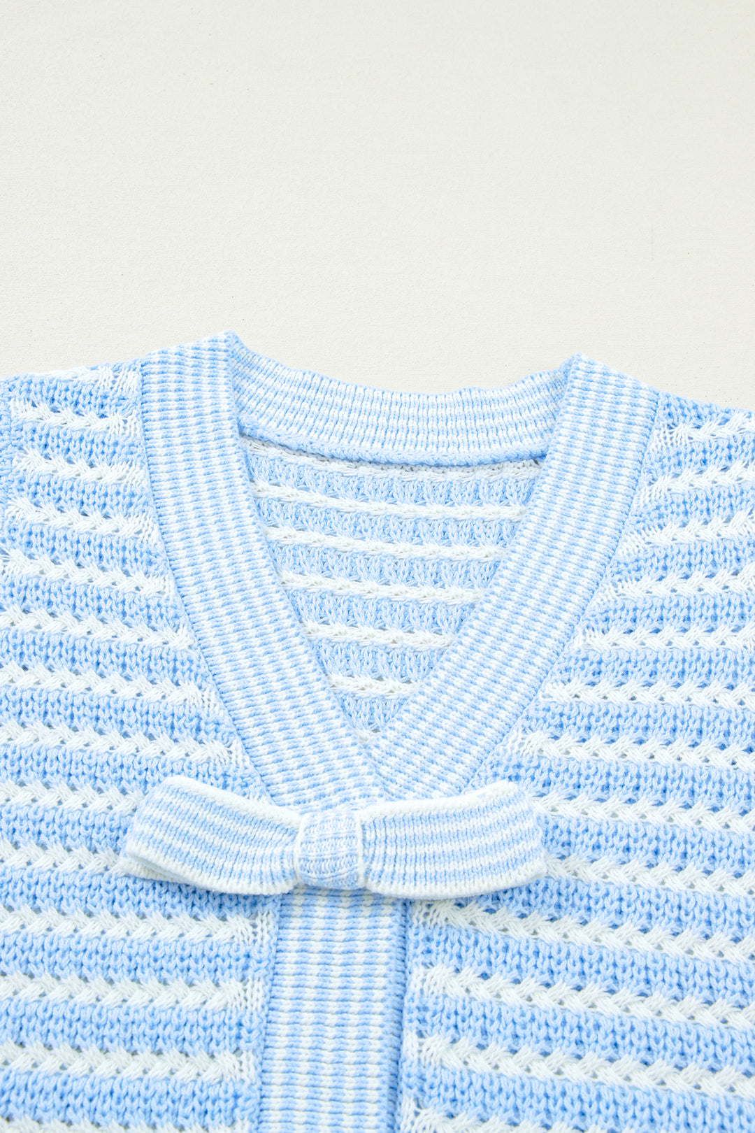 Sky Blue Stripe Short Sleeve Knit V Neck Bow Knot Sweater
