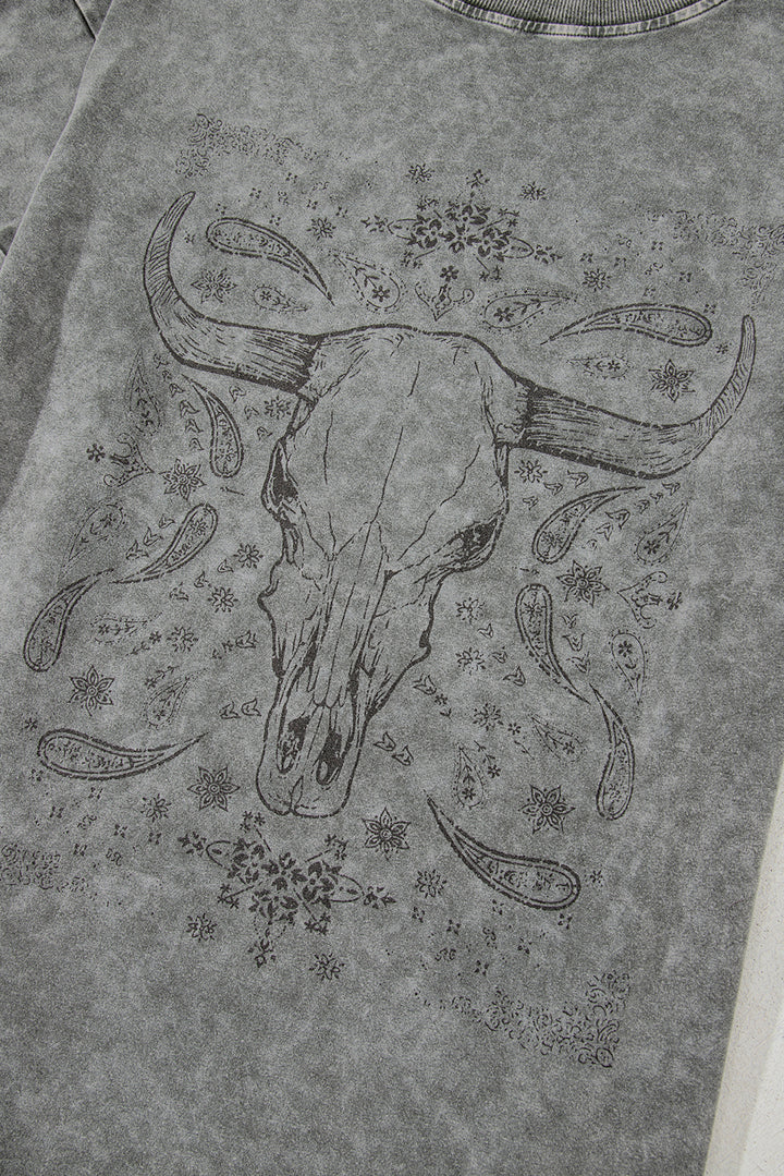 Light Grey Western Steer Head Tie Dye Print Crew Neck T Shirt