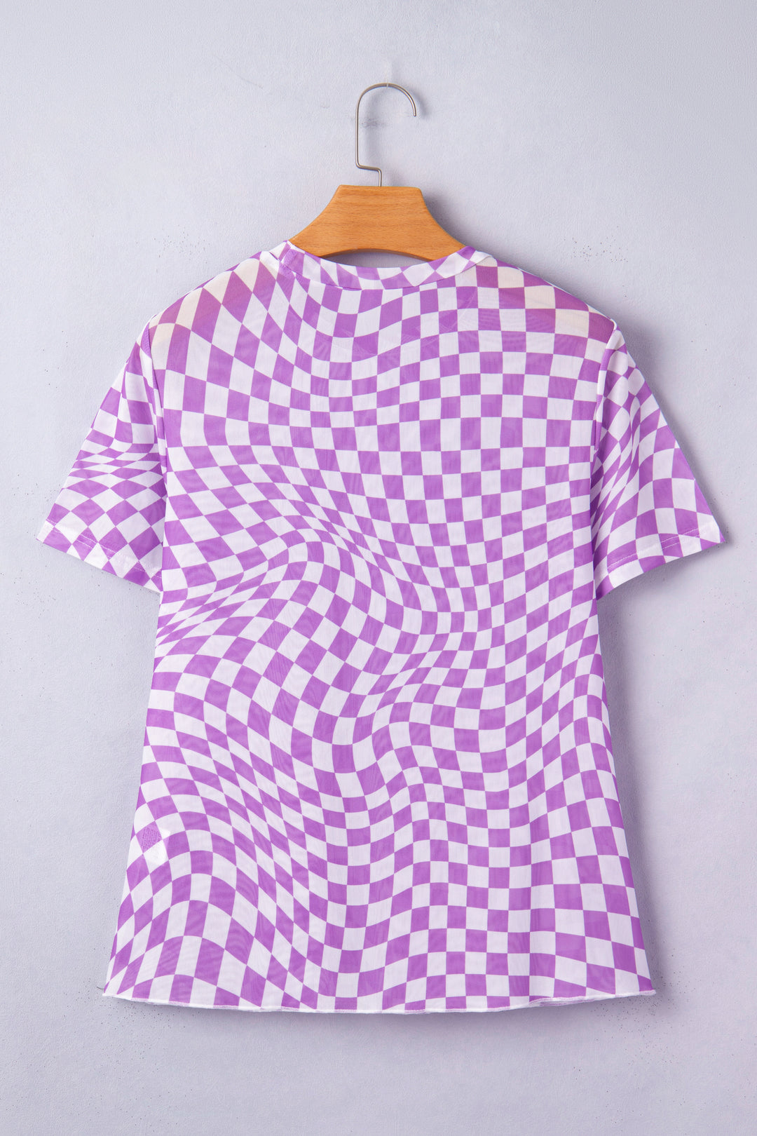 Purple Checkered Print Mock Neck Mesh T Shirt
