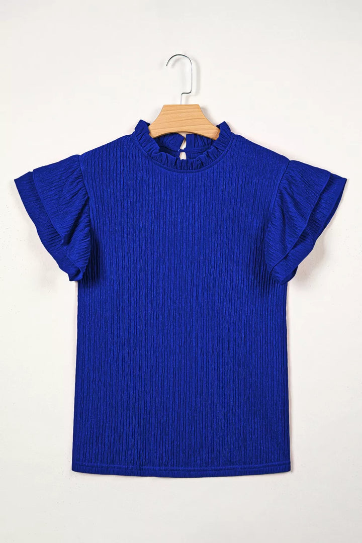 Solid Color Textured Ruffle Trim Short Sleeve Blouse