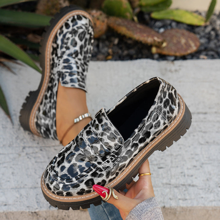 New Autumn Leather Belt-Buckle Patent Leather Leopard-Print Vintage Womens Shoes