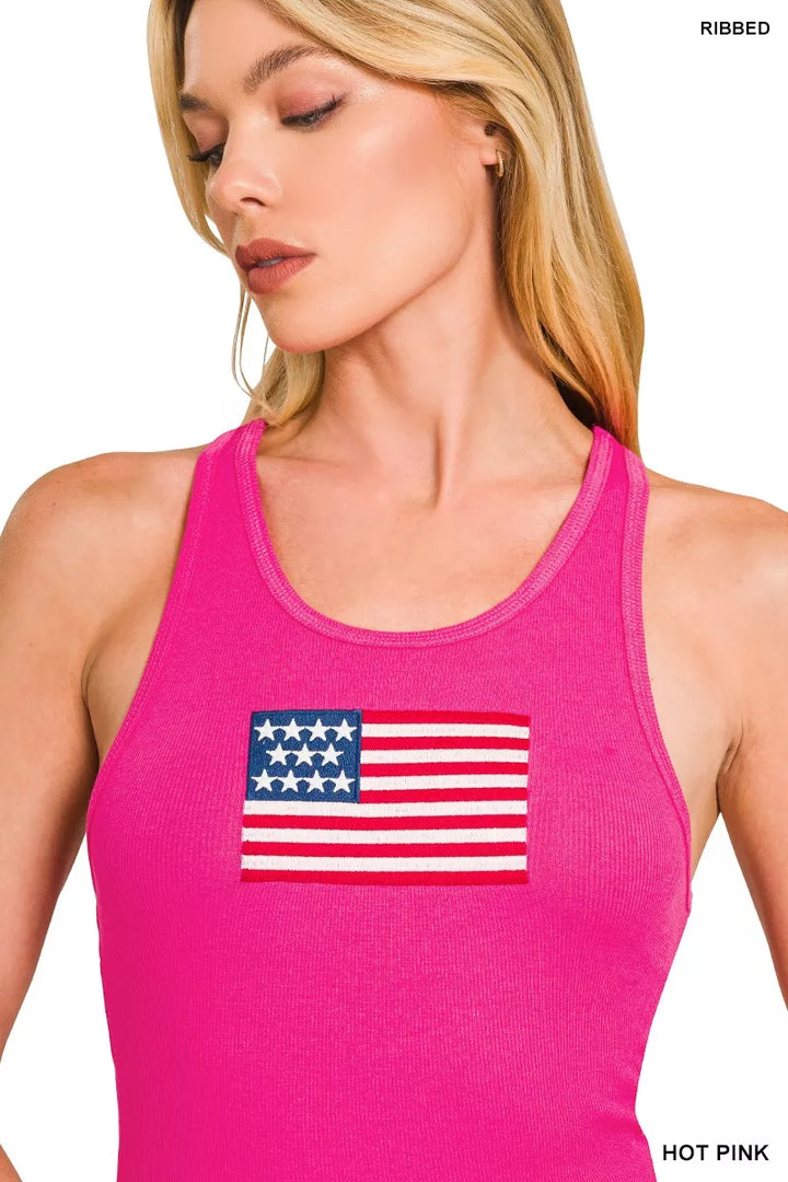 Zenana American Flag Embroidery Stretchy Ribbed Tank