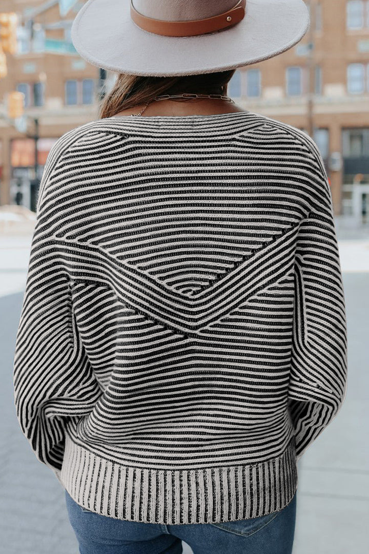 Black Striped Print Ribbed Knit Boat Neck Baggy Sweater