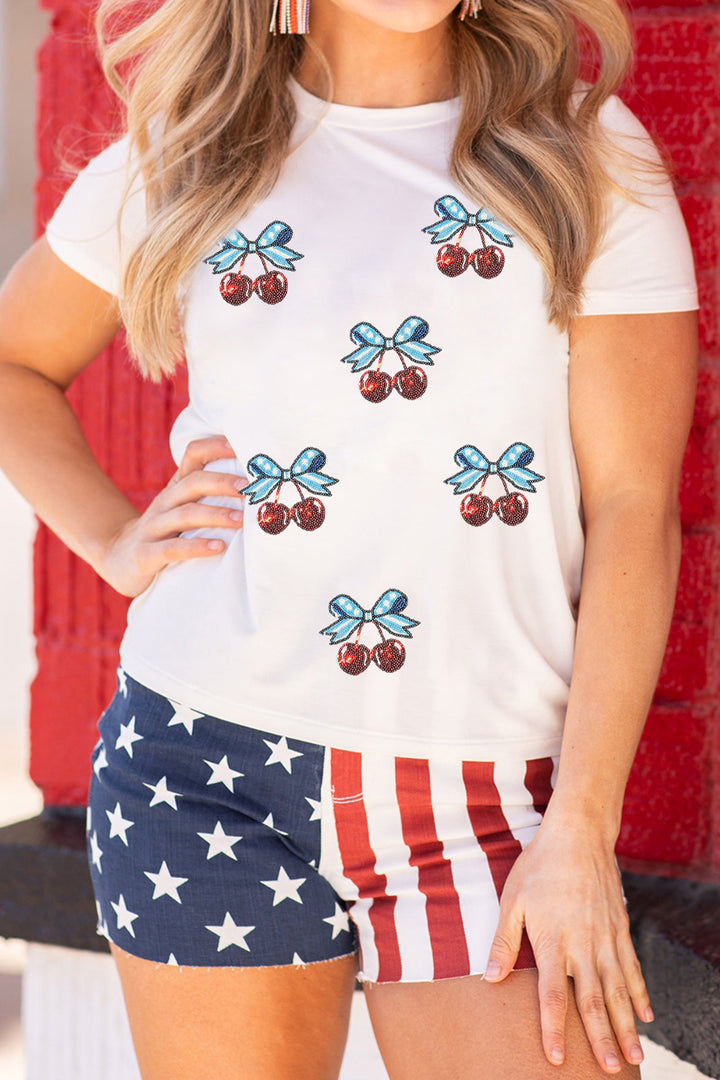 White Coquette Patriotic Cherries Sequin Graphic Tee