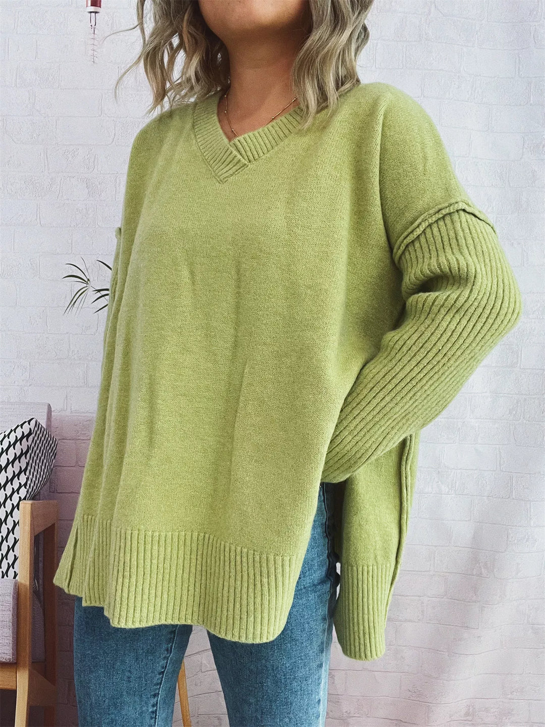 V-Neck Dropped Shoulder Sweater