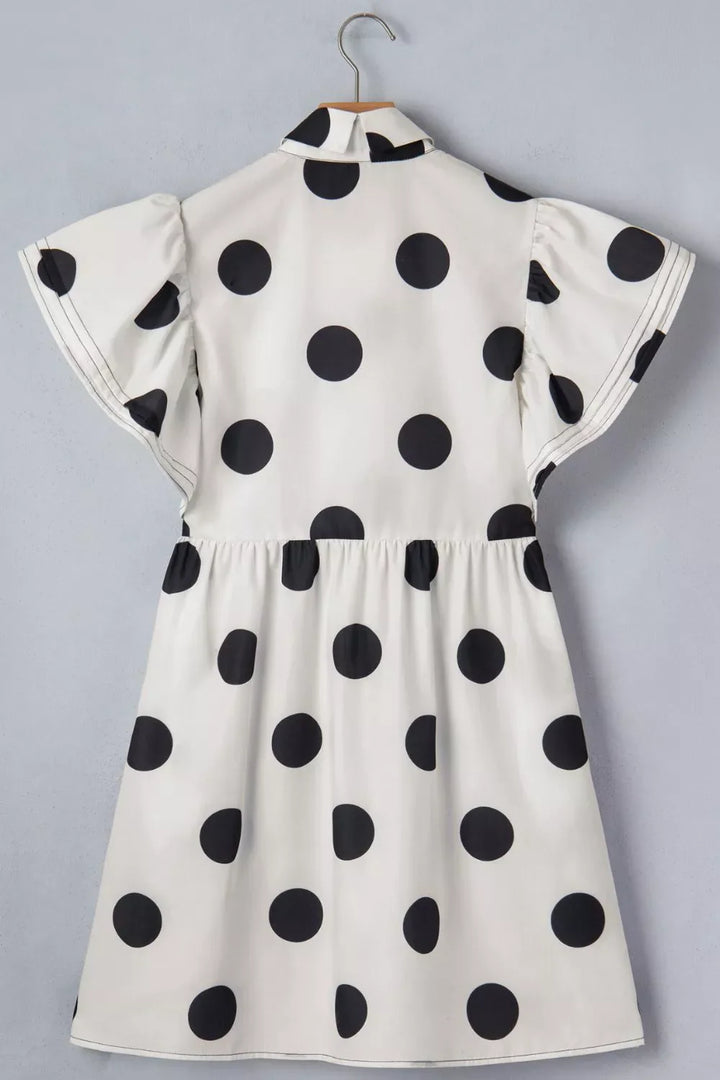 Polka Dot Print Half Button Ruffled Short Sleeve Loose Mini Dress