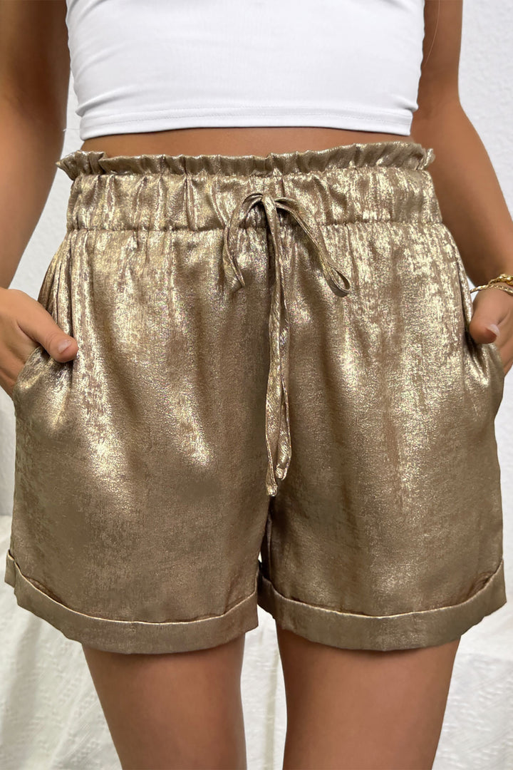 Gold Metallic Luster Tie Elastic Waist Cuffed Hem Shorts