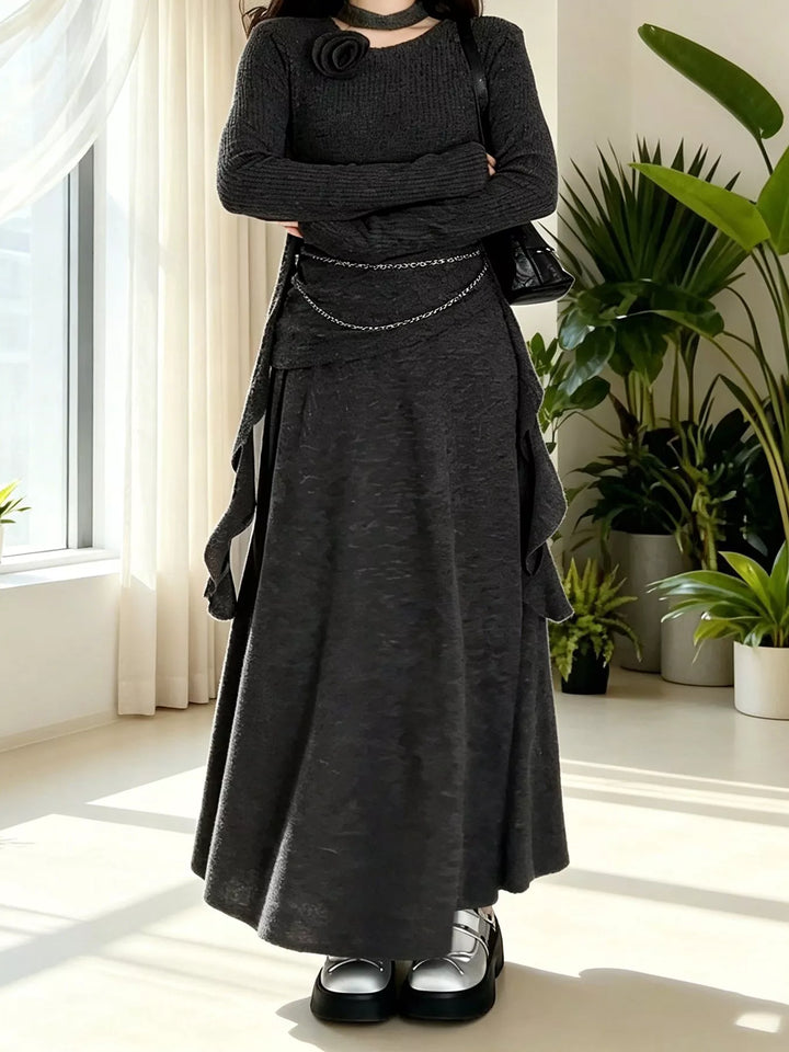 Ribbed Knit Long Sleeve Top and Skirt Set