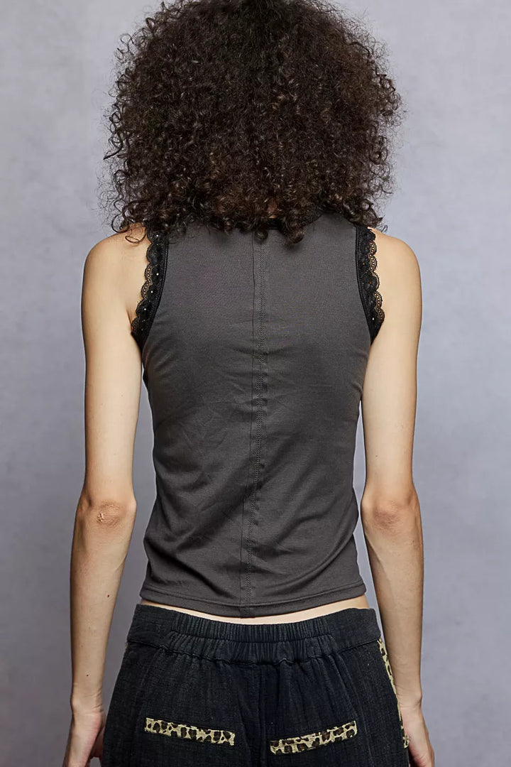 POL Round Neck Cropped Tank with Lace Trim