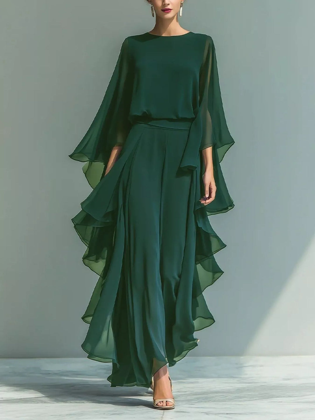 Ruffled Chiffon Long Sleeve Top and Pants Set