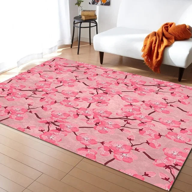 Pastel Cherry Blossom And Crescent Moon Non-Slip Flannel Floor Mat Home Rug Decoration