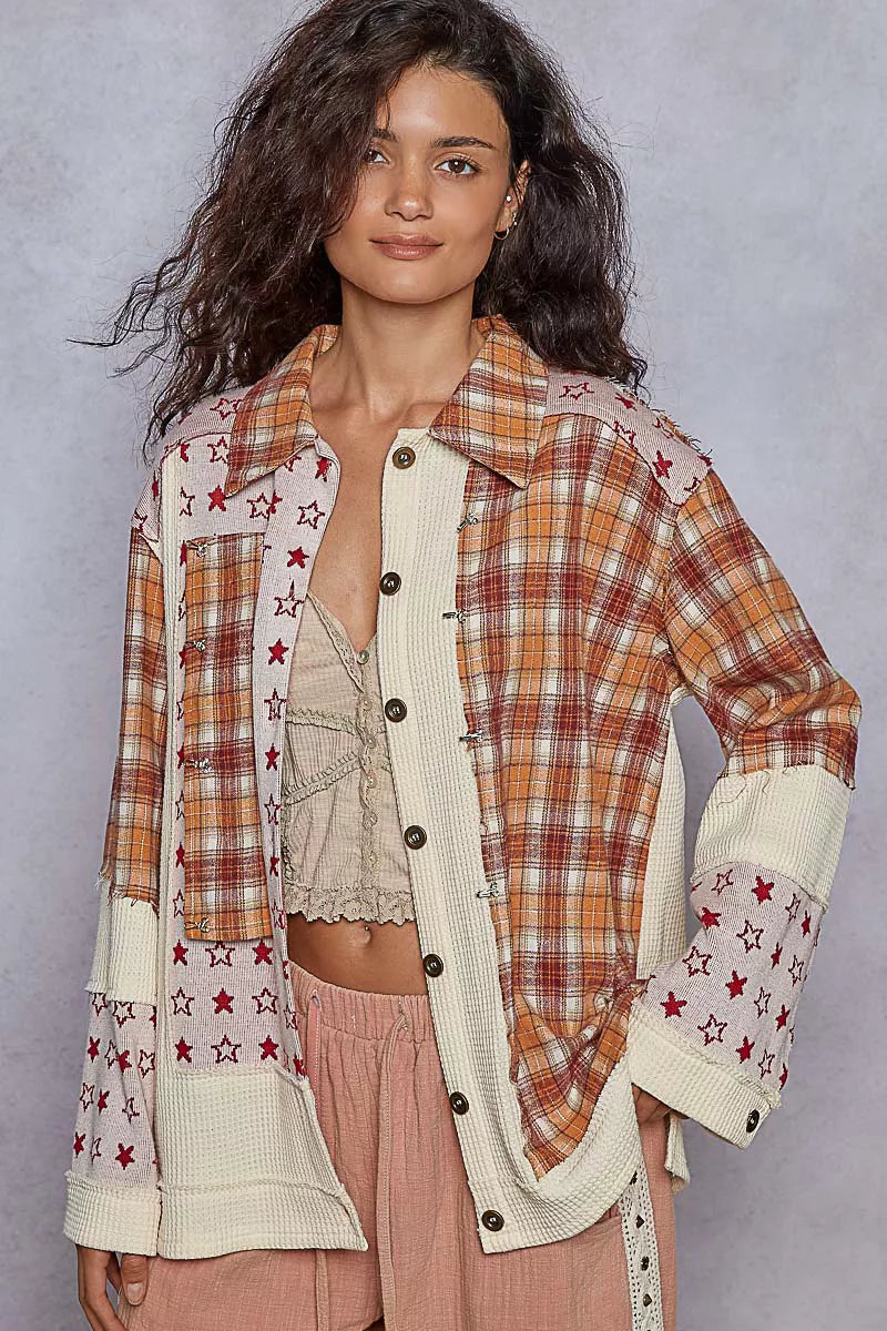 POL Plaid Contrast Button Down Shacket