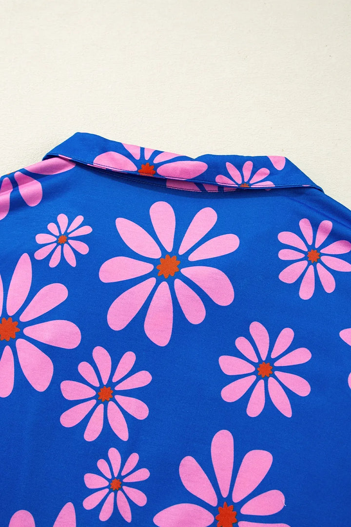 Floral Print Zip Collar Drawstring Summer Mini Dress